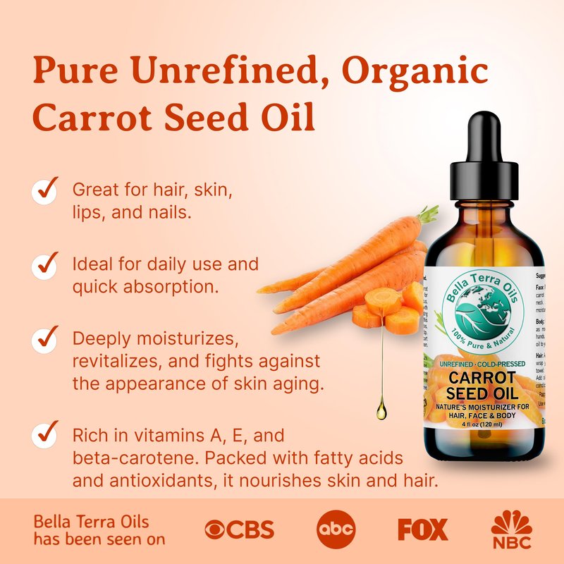 Bella Terra Oils - Organic Carrot Seed Oil 8 oz - Not Just for Tanning, Packed with Antioxidants, Cold-Pressed for Ultimate Skin Embrace & Natural Shine