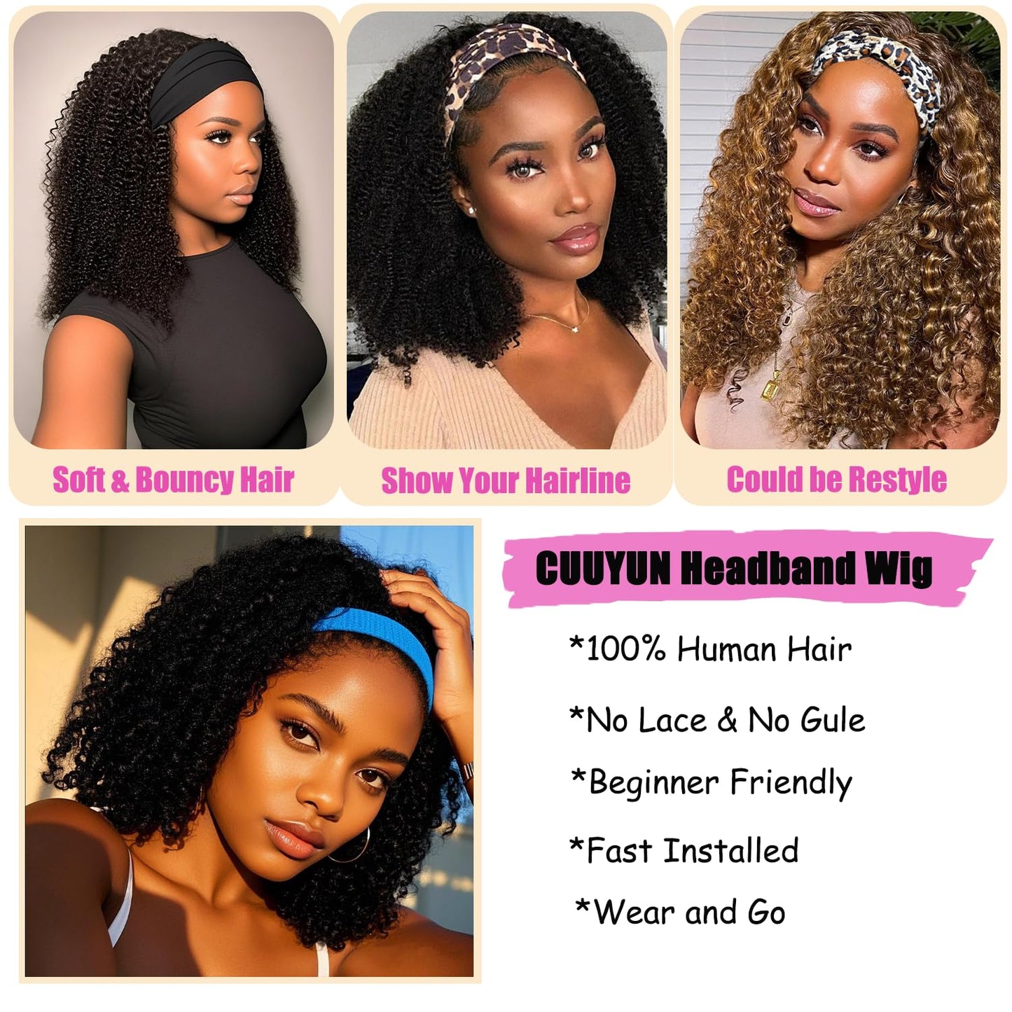 CUUYUN Kinky Curly Headband Wig Human Hair Curly Headband Wigs for Black Women 12 Inch None Lace Front Wigs Machine Made Wigs Glueless Brazilian Curly Human Hair Wig