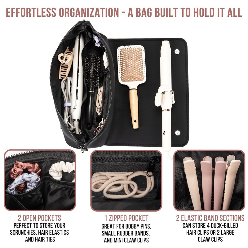 BAREFOOT CARIBOU Hair Tools Travel Bag and Heat Resistant Mat (15.5") for Flat Irons, Straighteners, Curling Iron, and Haircare Accessories, 2-in-1 design, Interior Pockets, Portable Organizer (Black)