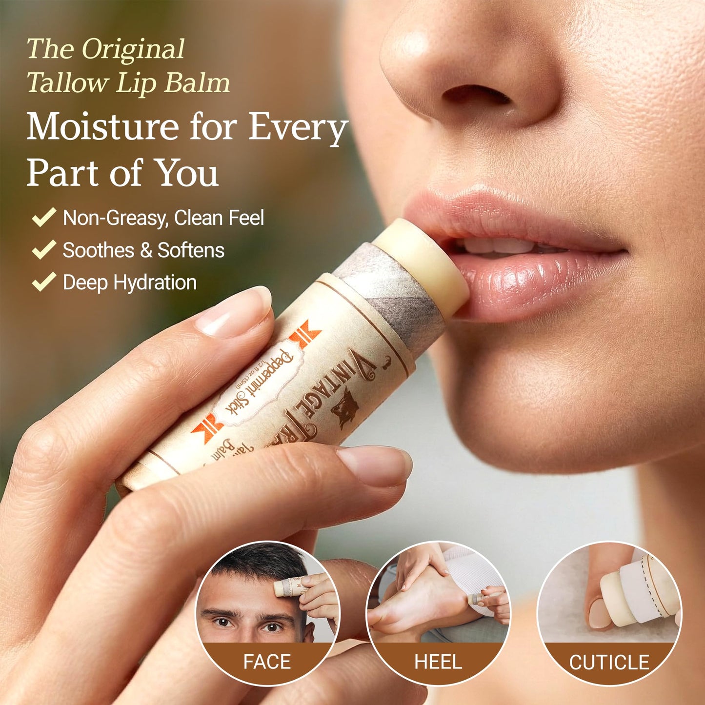 Vintage Tradition Moisturizing Beef Tallow Lip Balm – Tube Lip Moisturizer with Peppermint Essential Oil Hydrates & Soothes Dry Lips – Grass-Fed Tallow Balm for Skin Care, 0.5 Fl. Oz.