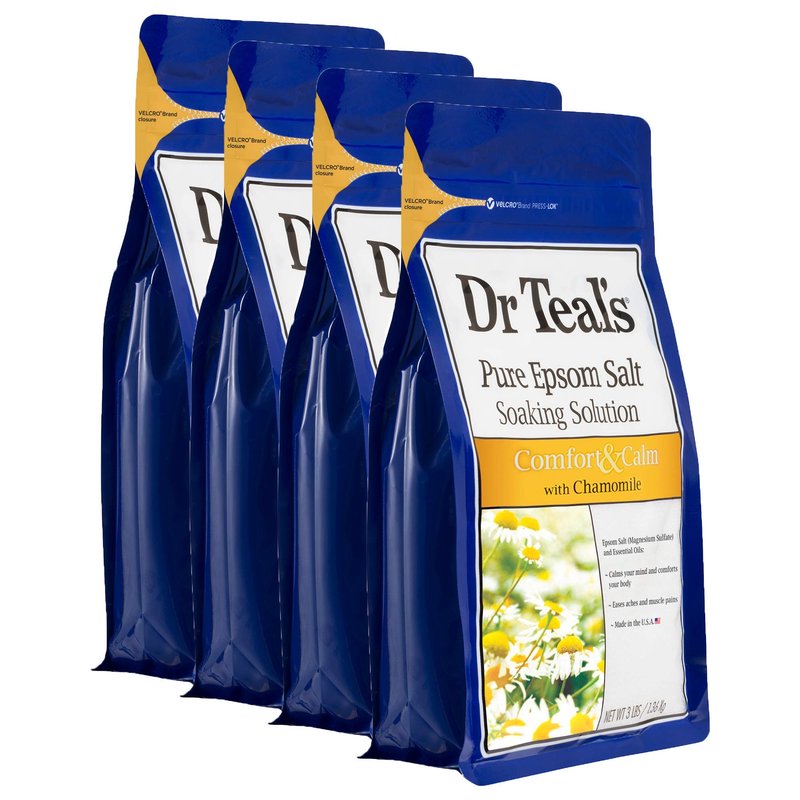 Dr. Teal's Comfort & Calm Bath Soak Gift Set (4 Pack, 3lbs Ea.) - Chamomile Essential Oils Blended with Pure Epsom Salt - Calm Your Mind & Body, Ease Aches & Pains - at Home Spa Kit
