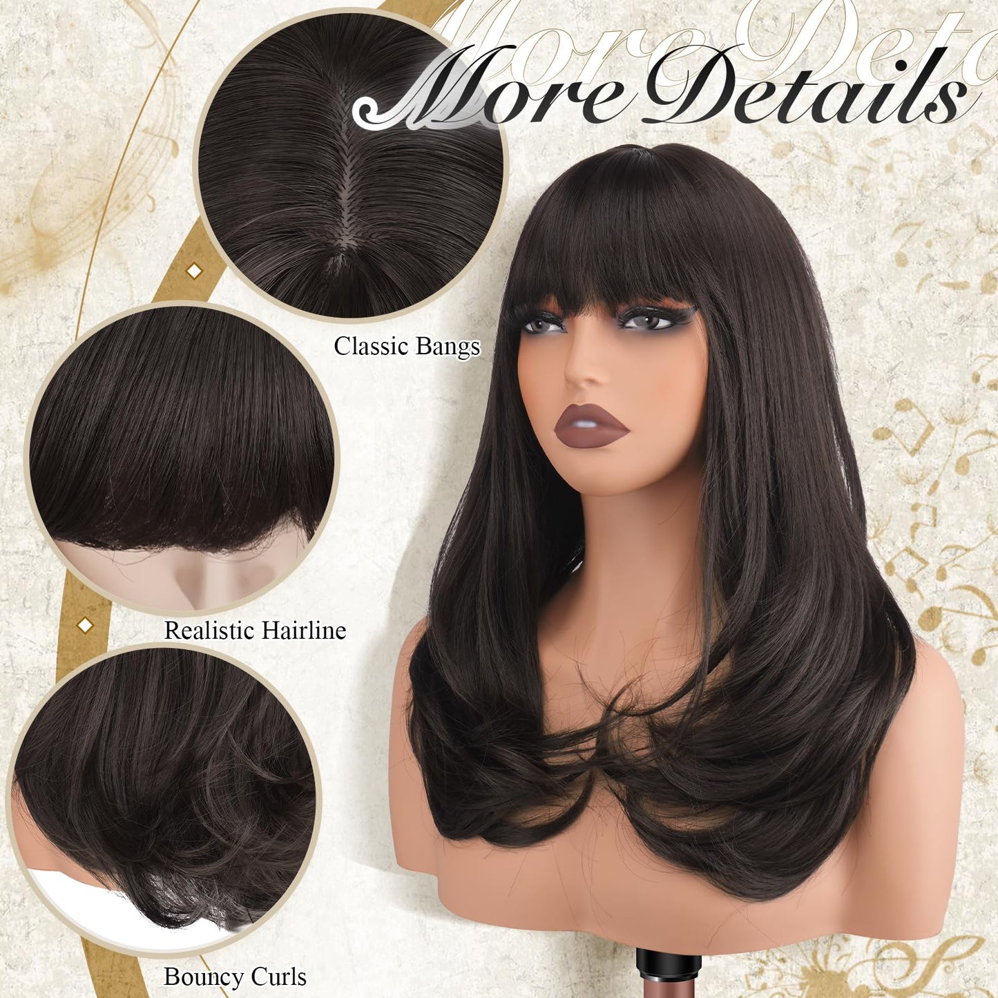 FESHFEN Long Wigs with Bangs, Synthetic Natural Looking Layered Straight Hair Wig for Women Daily Party Use 18 inch, Brown