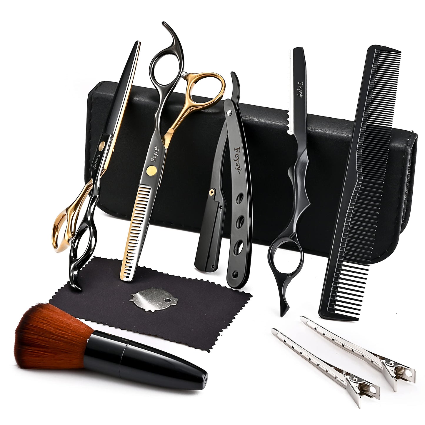 Hair Cutting Scissors Thinning Shears Kit for Haircutting, Fcysy Professional Barber Scissors Set, Black Haircut Scissor Blending Shears Straight Edge Razor Barber Supplies for Men Women