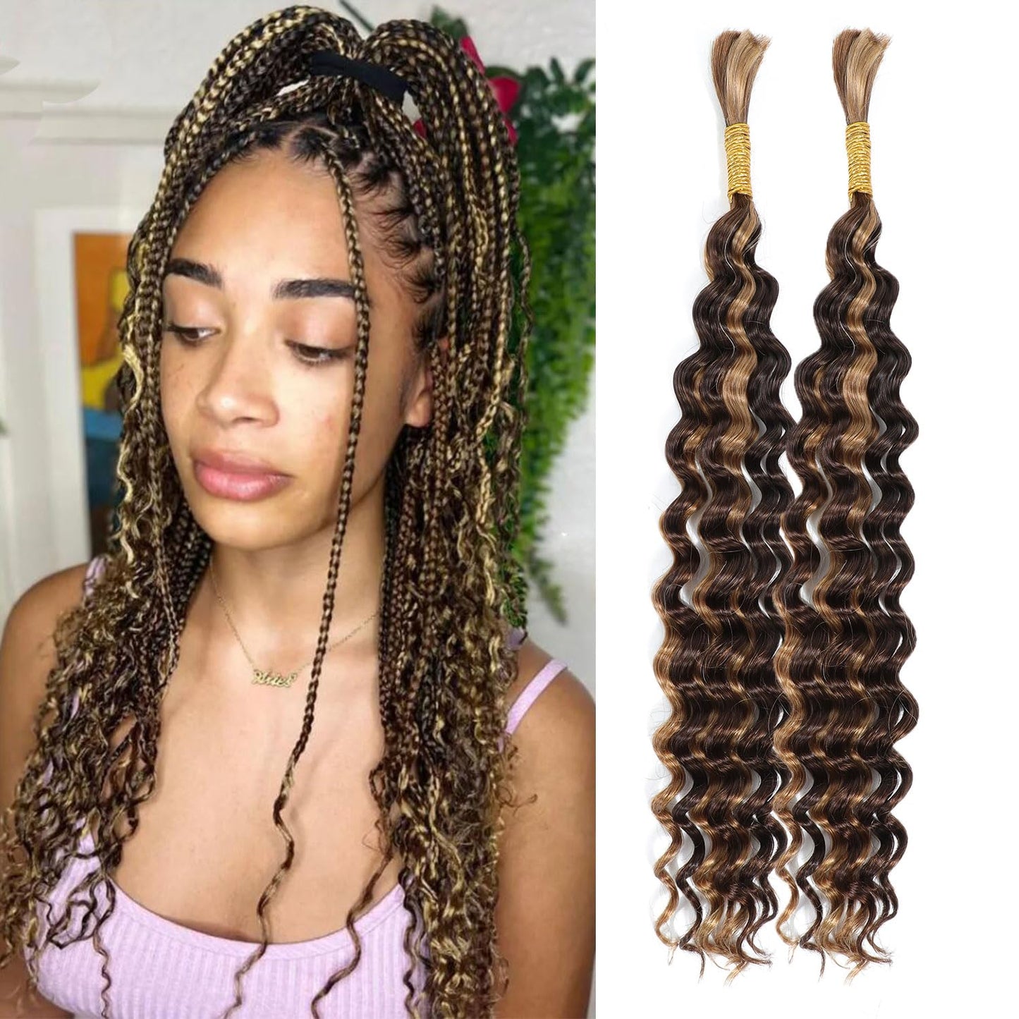 Deep Wave Bulk Bundles Human Hair for Braiding Crochet Hair for Bohemian Box Braids DSEKCAIN Highlight 100 Grams (2 of 50g)16 inch P4/27#