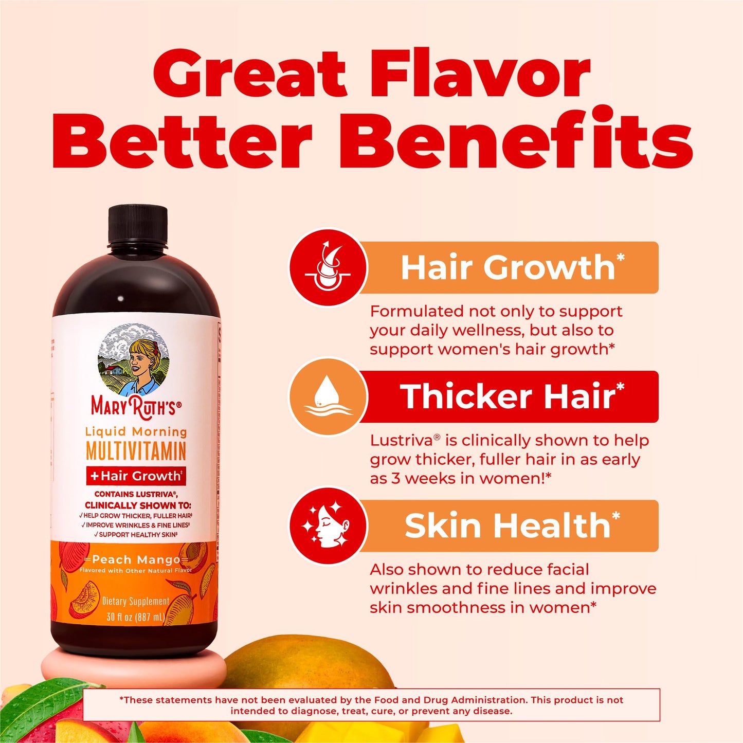 MARYRUTH'S Liquid Multivitamin + Hair Growth | Clinically Tested in Women for Thicker Hair & Facial Wrinkles | Biotin 10000mcg | Lustriva Hair Growth Supplements | Skin Care | Ages 18+ | 30 Fl Oz