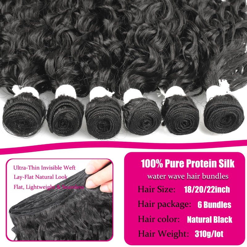 UENOKIPS Water Wave Hair Bundles 100% Pure Protein Silk Curly Bundles 18 20 22 Inch 6 Bundles 310g Synthetic Soft Natural Look Human Hair Feel Wet and Wavy Hair Extensions Natural Black