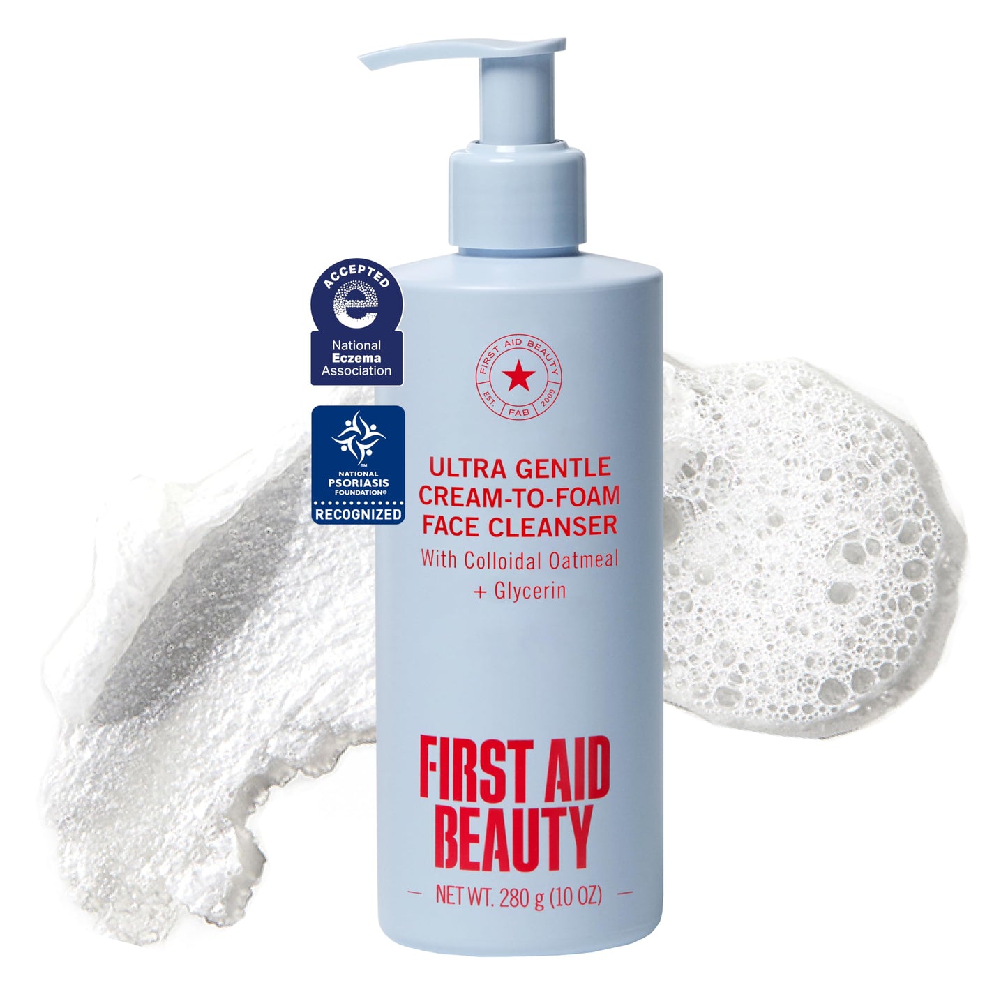 First Aid Beauty Ultra Gentle Cream-to-Foam Facial Cleanser, Fragrance Free Makeup Removing Face Wash with Colloidal Oatmeal & Glycerin, Sensitive & Acne-Prone Skin, 10 oz