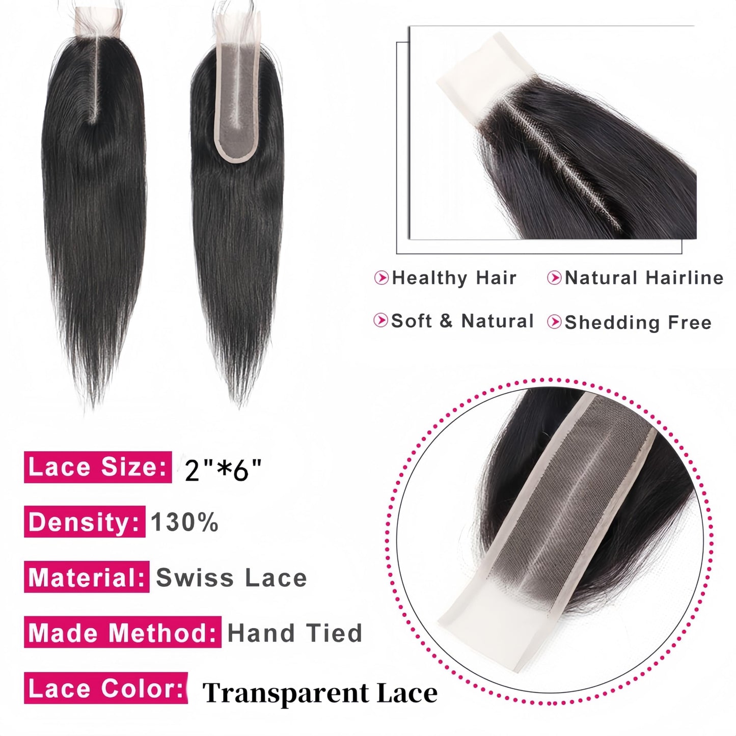 Brazilian 2x6 HD Lace Closure 100% Human Hair Deep Middle Part Straight 2x6 Lace Closure(22 inch)
