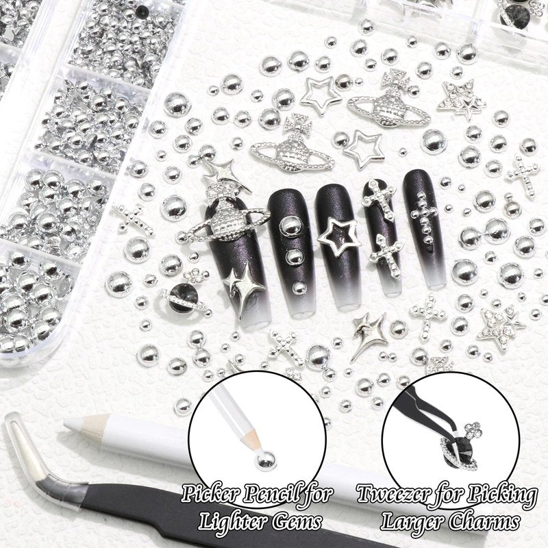 BELICEY 2 Boxes 3D Nail Charms Mix Silver Star Cross Planet Saturn Charms for Nails Silver Flatback Nail Pearls Nail Decoration Gems Pearls for Nails Jewelry for DIY Nail Art Supply Accessories Crafts