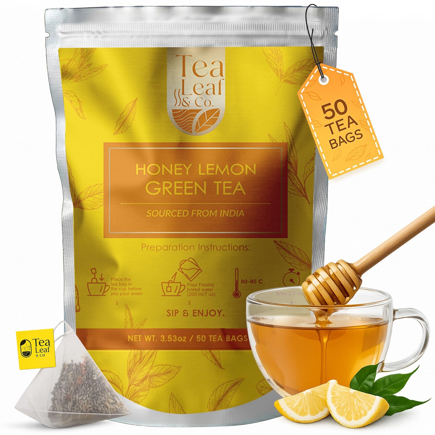 Honey Lemon Green Tea Bags (50 Count), Chamomile, Lemon & Honey Extract, Caffeinated, Real Green Tea, Blended Herbs & Spices, Gluten Free