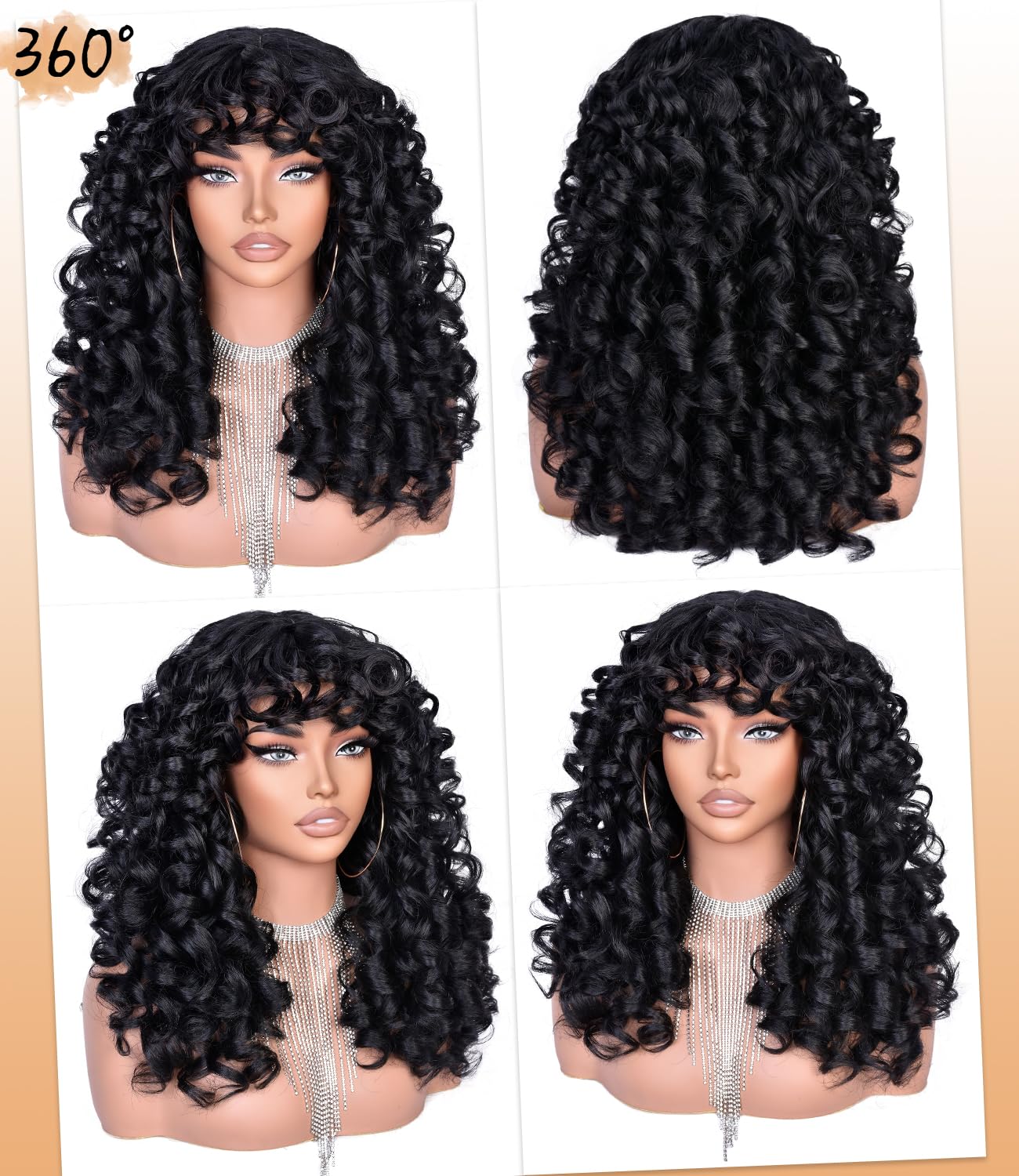 RunM Curly Wig with Bangs for Black Women Black Long Curly Afro Wig