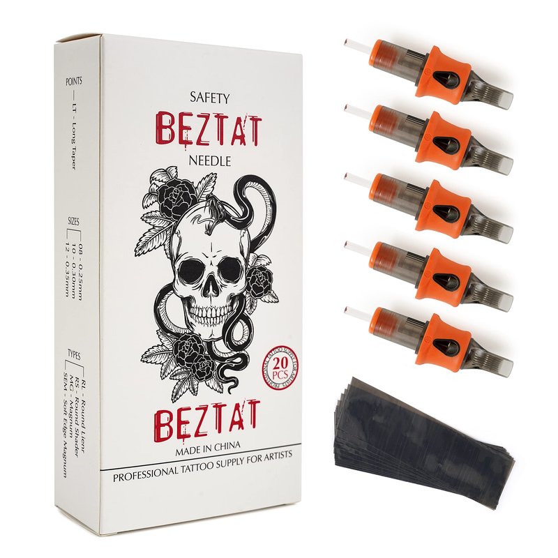 BEZTAT Ultra Premium Professional Tattoo Needles Cartridge w/Grip & Machine Covers Sleeves #10 Bugpin Curved Magnum 20 Pack (1023CM)
