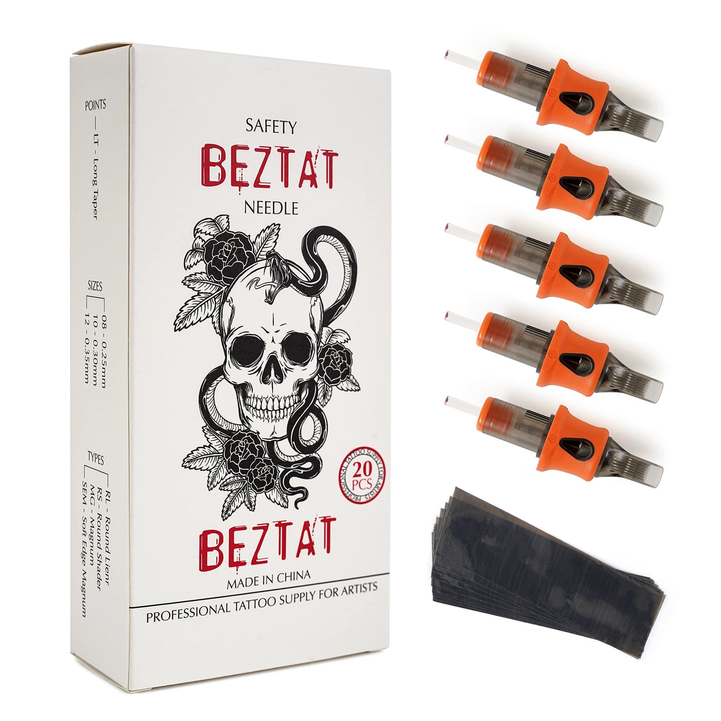 BEZTAT Ultra Premium Professional Tattoo Needles Cartridge w/Grip & Machine Covers Sleeves #12 Curved Magnum 20 Pack (1215CM)