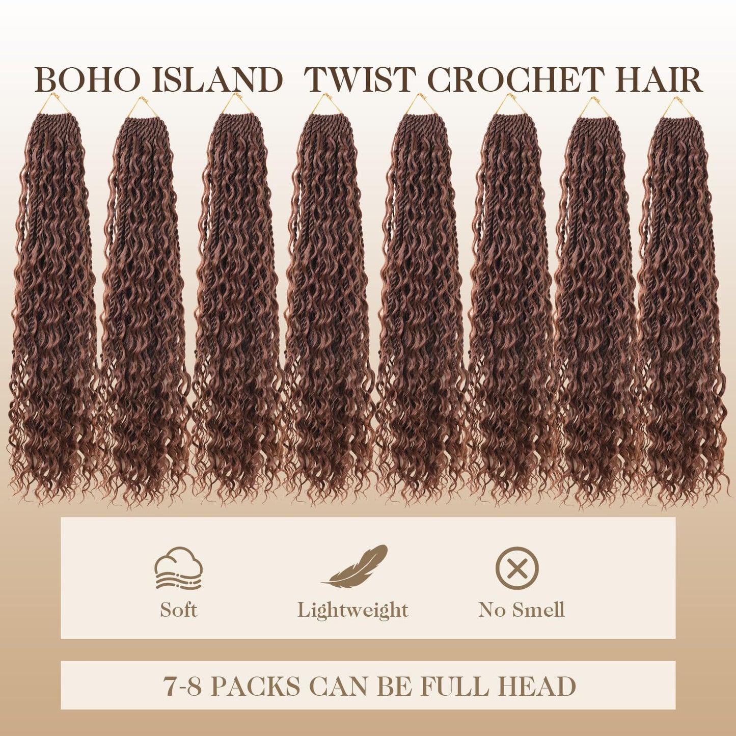 Boho lsland Twist Crochet Hair 24 Inch 8 Packs Medium Auburn Pre-Looped Senegalese Twist Crochet Braids with Curly Ends Synthetic Goddess Twist Crochet Hair for Black Women（30# 24 INCH）