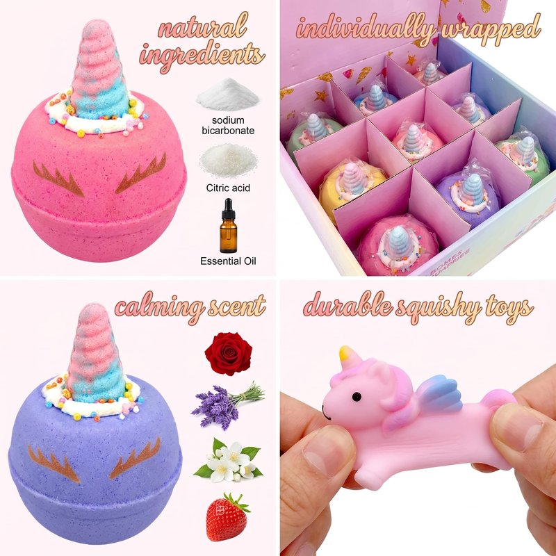 Clear&Fresh Unicorn Bath Bombs for Kids with Surprise Squishy Toys Inside, 9 Extra Large Bath Salts with Calming and Long Lasting Scent, Natural Bubble Bath Bombs for Girls Sensitive Skin