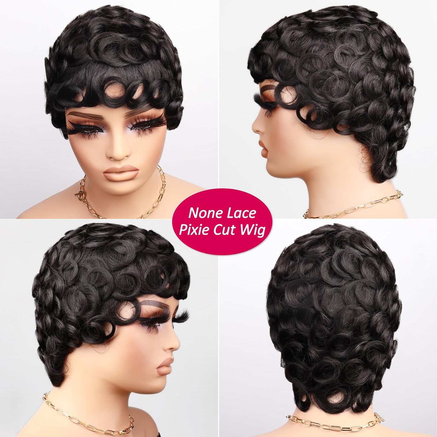 CRYSTALHAIR Short Curly Pixie Cut Wigs for Black Women, Loose Wave Short Curly Pixie Cut Wig Brazilian Virgin 100% Human Hair Wear and Go Glueless Layered Pixie Curly Wigs With Bangs for Daily Use