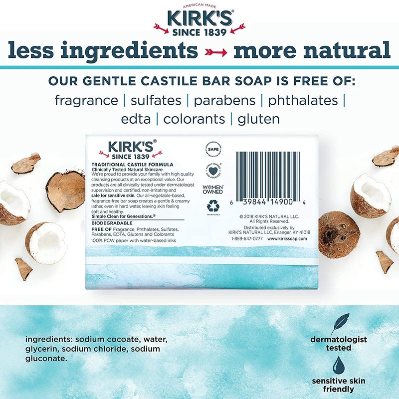 Castile Bar Soap by Kirkâ€™s | Clean Soap for Men, Women & Children | Premium Coconut Oil | Sensitive Skin Formula, Vegan | Fragrance-Free/Unscented | 4 oz. Bars - 12 Pack