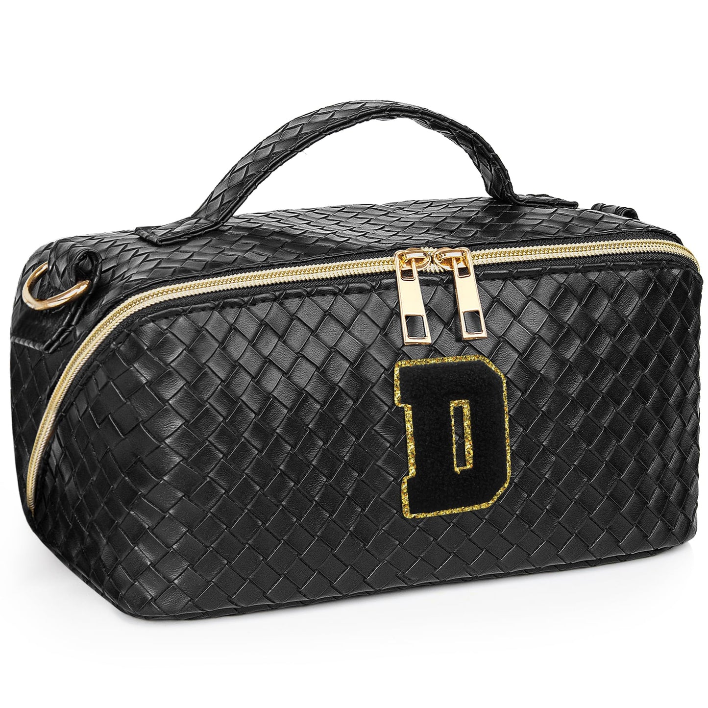 Yulaviniee Initial Makeup Bag,Large Capacity Travel Cosmetic Bag with Shoulder Strap,Portable Leather Open Flat Make Up Organizer Bag,Makeup Toiletry Bag with Handle and Compartments