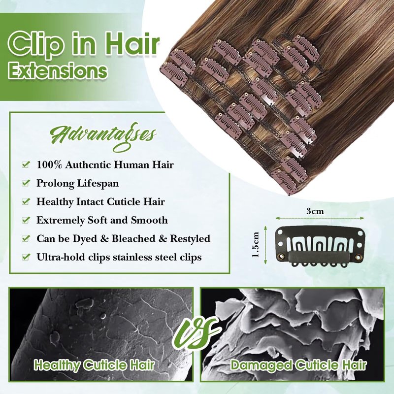 Clip in Hair Extensions Real Human Hair Balayage 14inch Chocolate Brown and Honey Blonde Human Hair Clip in Extensions 100% Human Hair Highlight Seamless Clip ins Extension for Women 8pcs Double Weft