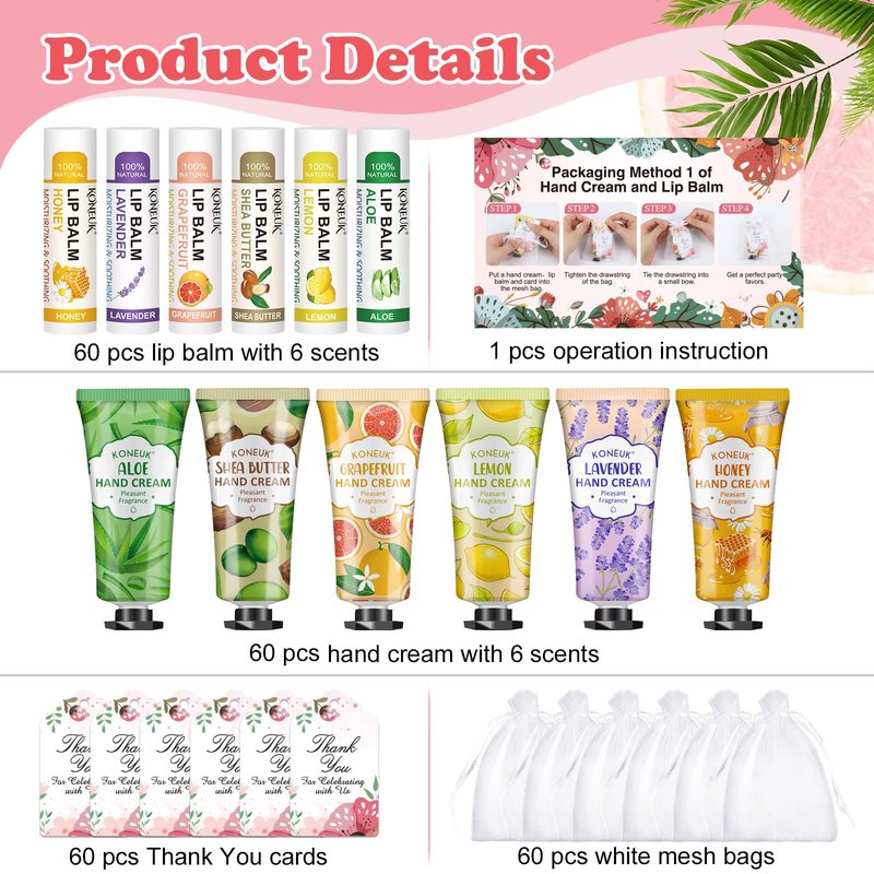 KONEUK 60 Pack Hand Cream Bulk and Lip Balm Bulk Sets, Mothers Day Gifts and Bridal Shower Gift for Guests, Teacher Appreciation Gifts, Nurses Week Gift, Birthday Gift, Small Gifts for Women