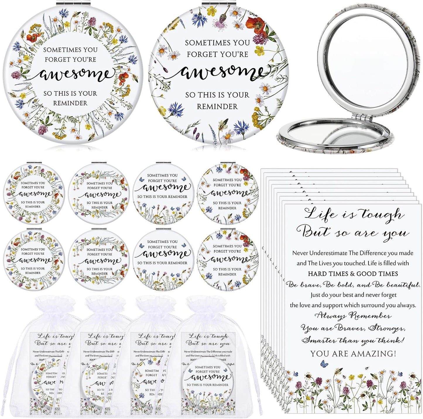 Inspirational Compact Mirror Set - 24 Double-Sided Folding Mirrors for Women | Perfect Gift for Nurses, Teachers, and Coworkers (Wildflower)