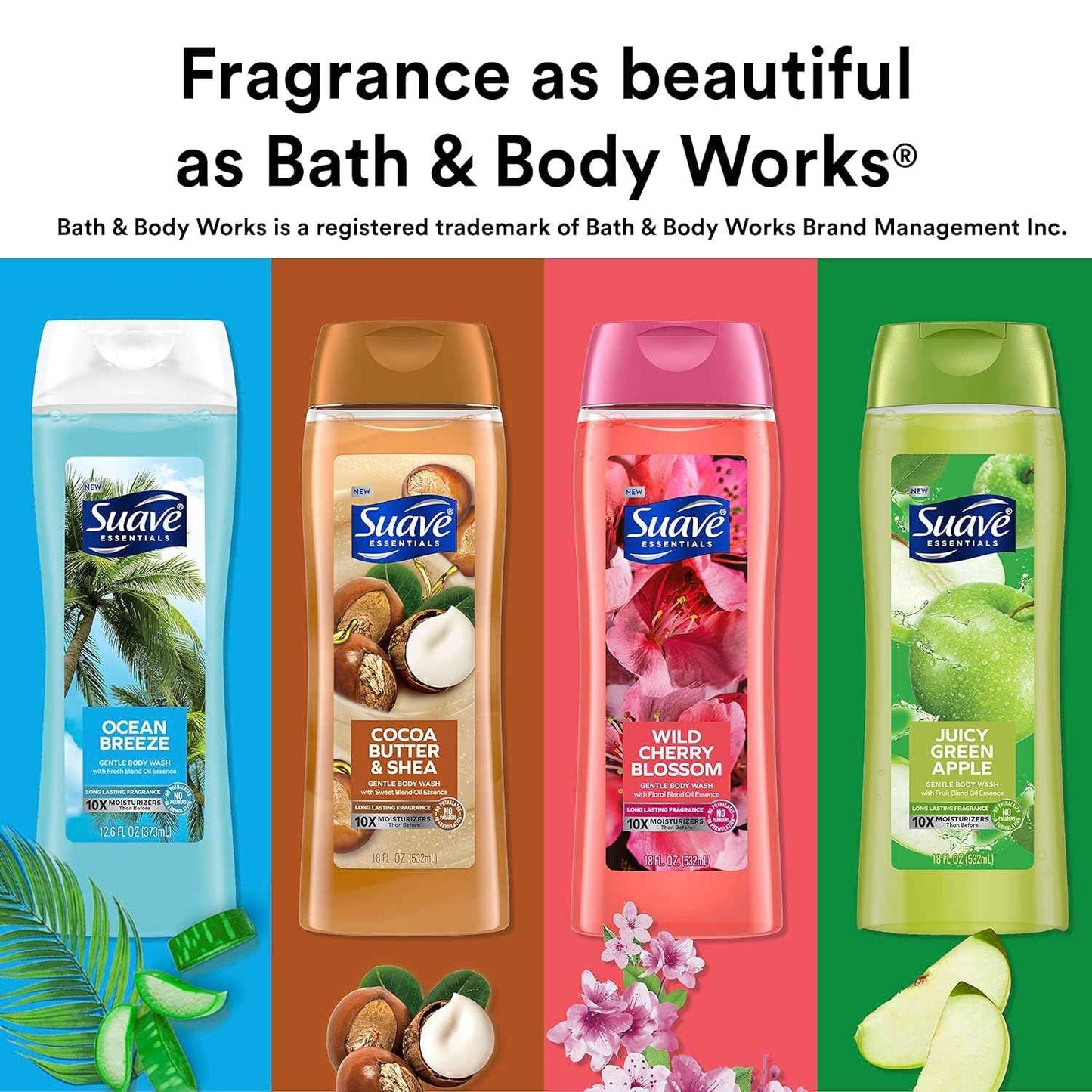 Suave Moisturizing Body Wash, with Ocean Breeze Scent and Vitamin E Extract, No Parabens, No Phtahaltes, 18 Oz Pack of 6