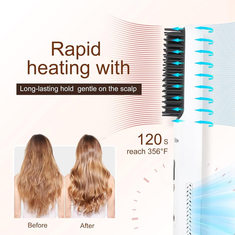 Ionic Hair Straightener Brush - Anti-Frizz Straightening Comb with 10 Temp Settings | Fast Heating, Dual Voltage