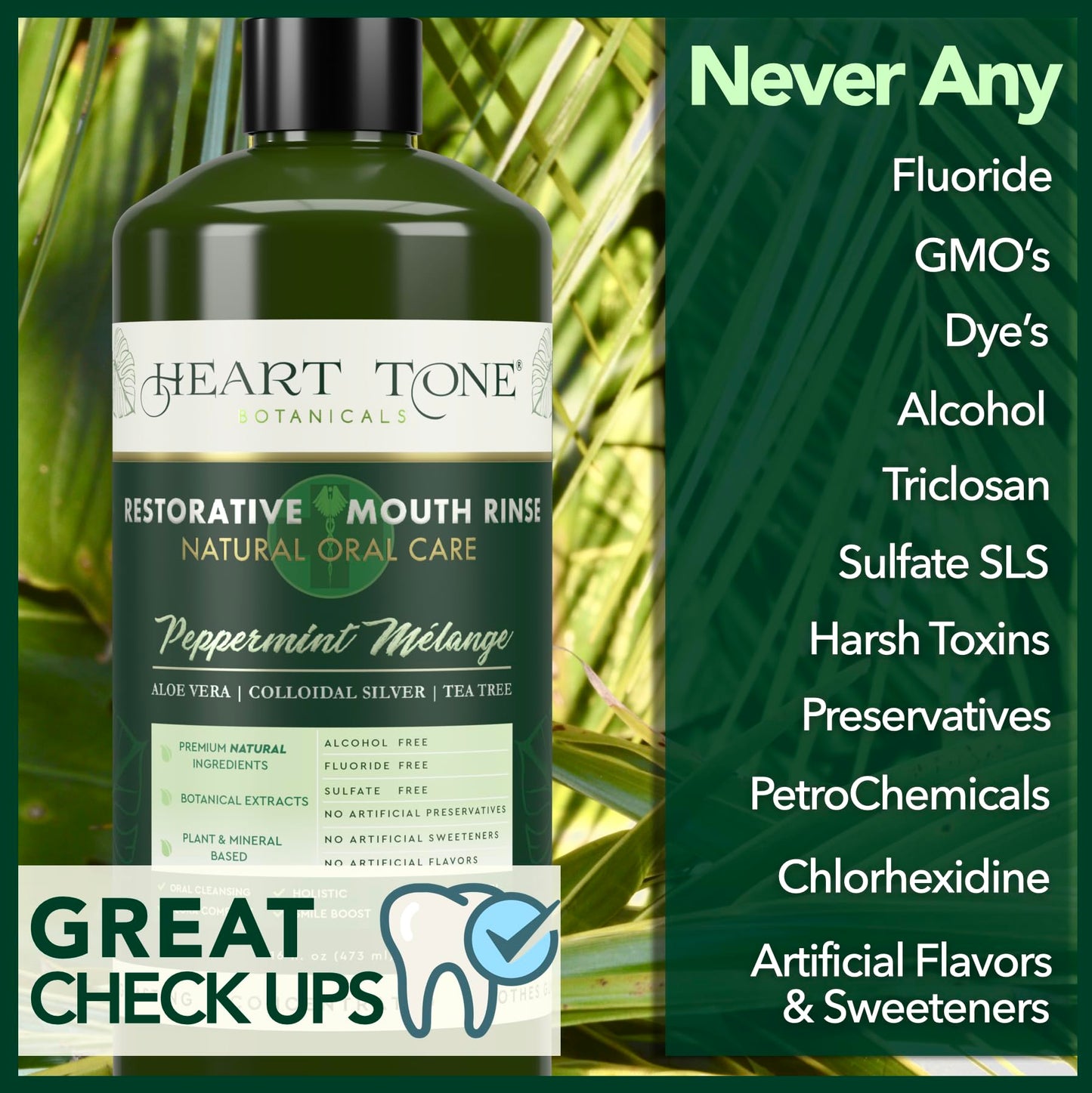 Heart Tone Botanicals Colloidal Silver Mouthwash | Nano Silver Alcohol-Free Mouth Rinse | Aloe Vera, Zinc, MSM & 18 Botanical CO2 Extracts | pH Balanced | Fluoride Free | Peppermint