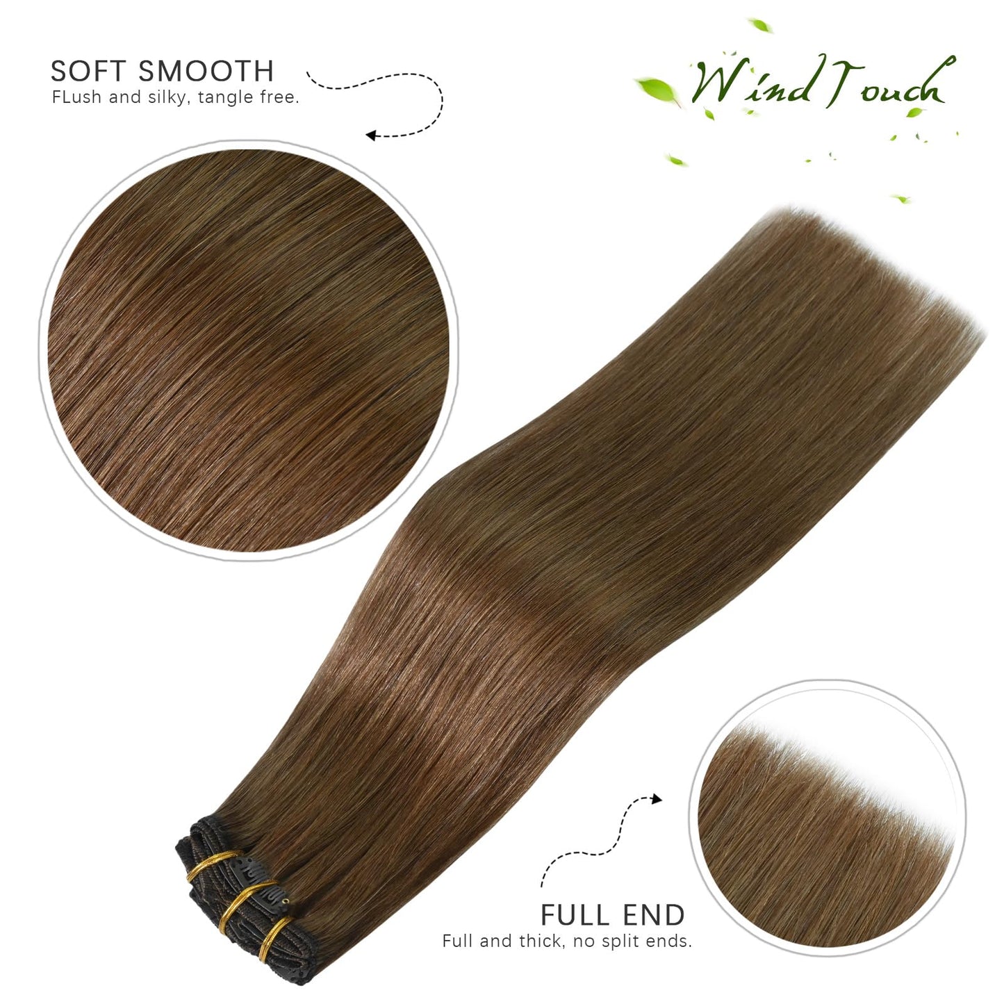 WindTouch Clip in Hair Extensions Light Brown Hair Extensions 12Inch 75g 7PCS Human Hair Clip in Extensions #6 Chestnut Brown Extensions for Women