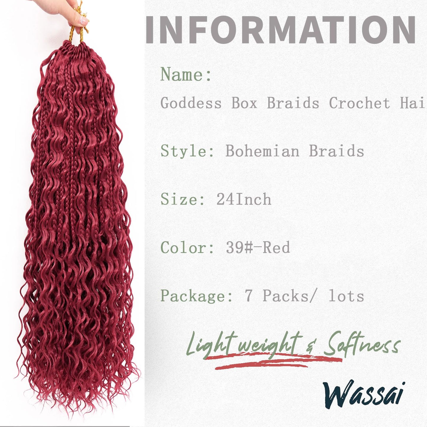 24 Inch 7 Pack Goddess Box Braids Burgundy Bohemian Crochet Boho Box Braids With Curly Ends Pre-looped Crochet Braids Hair for Women Synthetic Braiding Hair