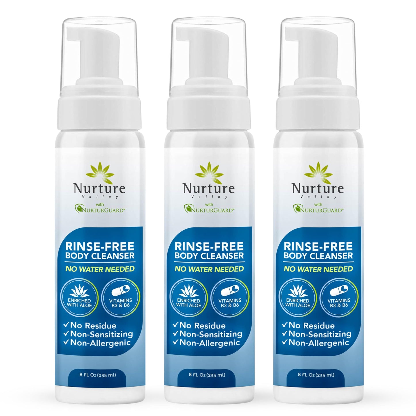 Nurture Rinse Free Waterless Foaming Cleanser for Women, Camping, Elderly & Hospital Care | No Rinse Body Wash with Aloe for Sensitive Dry Skin | Moisturizing & Gentle Cleanser