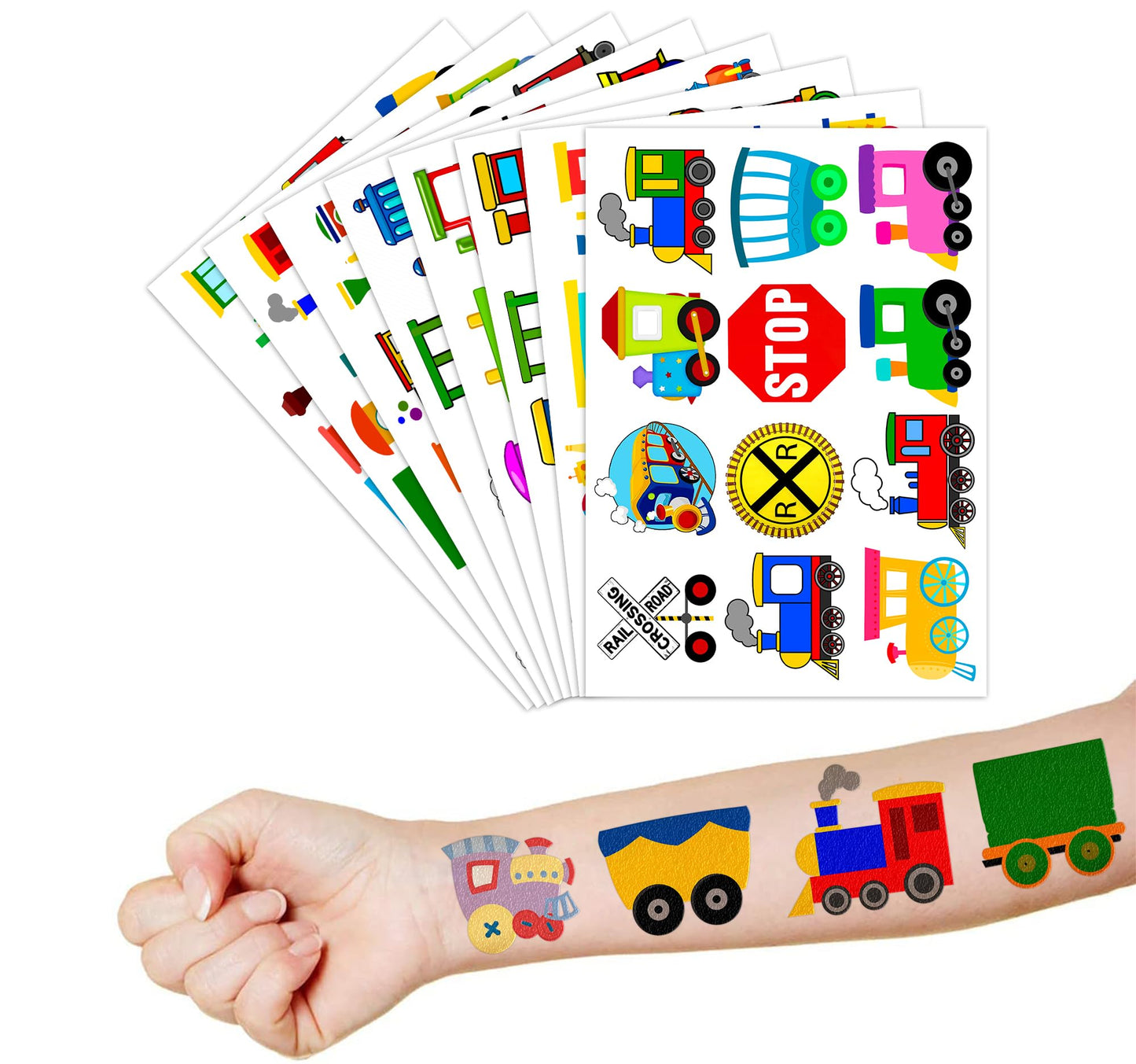 Train Temporary Tattoos for Kids - 8 Sheets 96 PCS Cute Railway Crossing Stickers, Birthday Party Favors, Supplies & Decorations for Boys and Girls