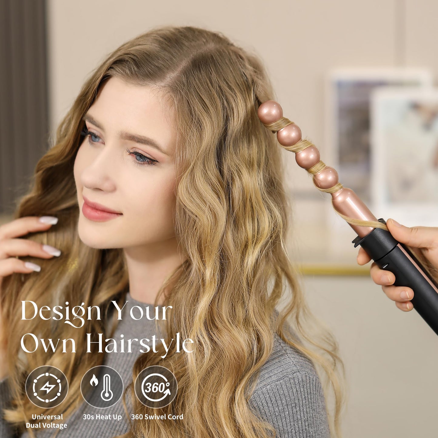 HEIKKI VISION 5 in 1 Curling Iron Set with Instant Heat Up, Dual Voltage, 4 Interchangeable Ceramic Curling Wands, Curling Brush, Heat Protective Glove & 2 Clips (Curling Iron 0.3-1.5")