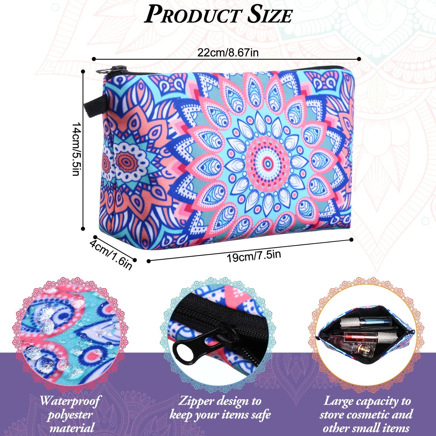 Dunzy 16 Pcs Bulk Makeup Bag for Women Gifts for Mom Canvas Cosmetic Bags with Zipper Pouches Waterproof Travel Toiletry Organizer for Girls Mother Teacher Nurse Bridesmaids (Mandala)