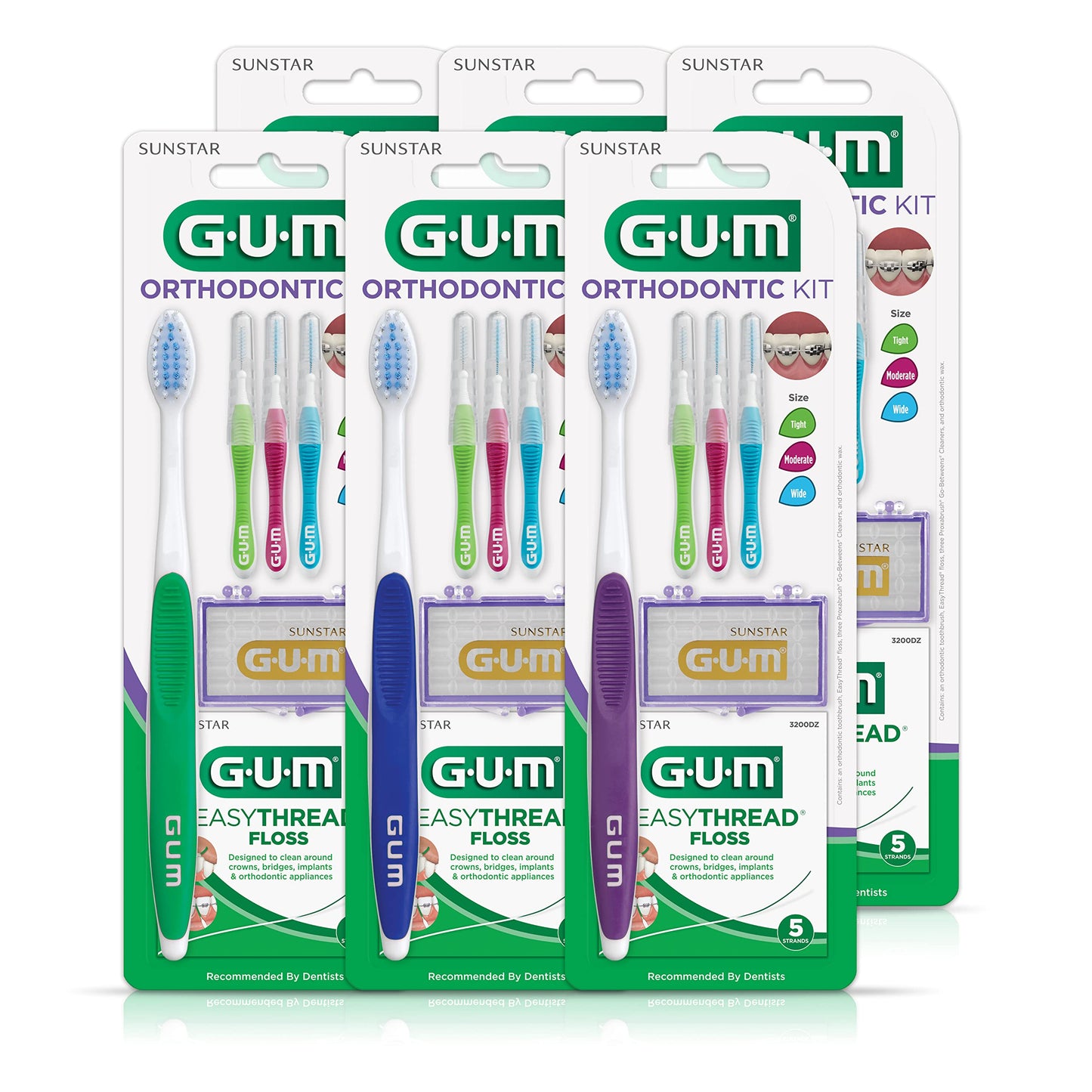 GUM Orthodontic Kit – Features Orthodontic Toothbrush, 3 Proxabrush Sizes and shred-resistant EasyThread Floss, and Mint Ortho Wax, 6pk