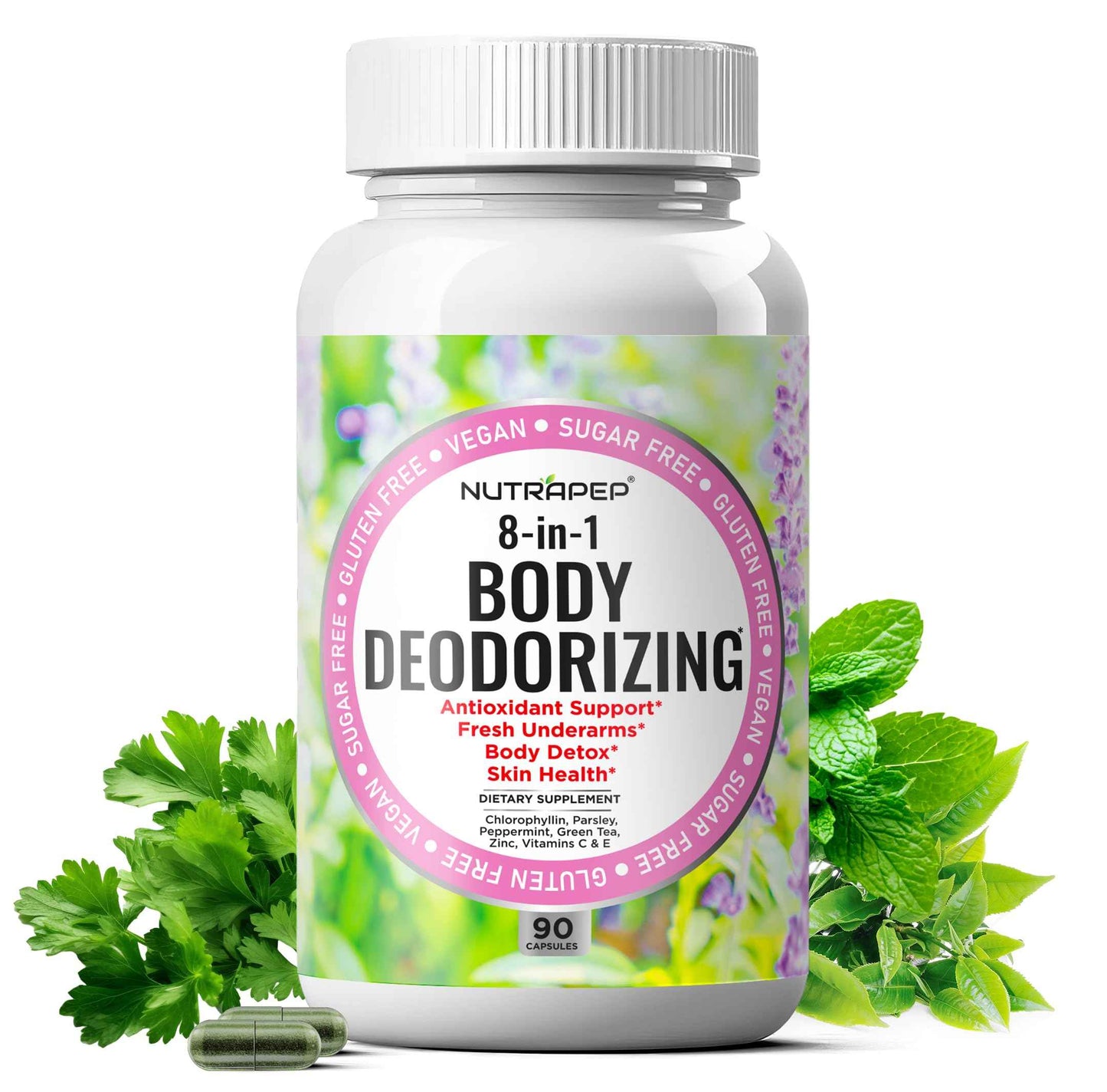 NutraPep Body Deodorizing Supplement - Odor Eliminator & Internal Deodorant Pills for Fresh Breath Skin Health & Detox - Full Body Deodorizer Capsules with Chlorophyll Complex Vitamins for Women Men