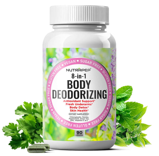 NutraPep Body Deodorizing Supplement - Odor Eliminator & Internal Deodorant Pills for Fresh Breath Skin Health & Detox - Full Body Deodorizer Capsules with Chlorophyll Complex Vitamins for Women Men