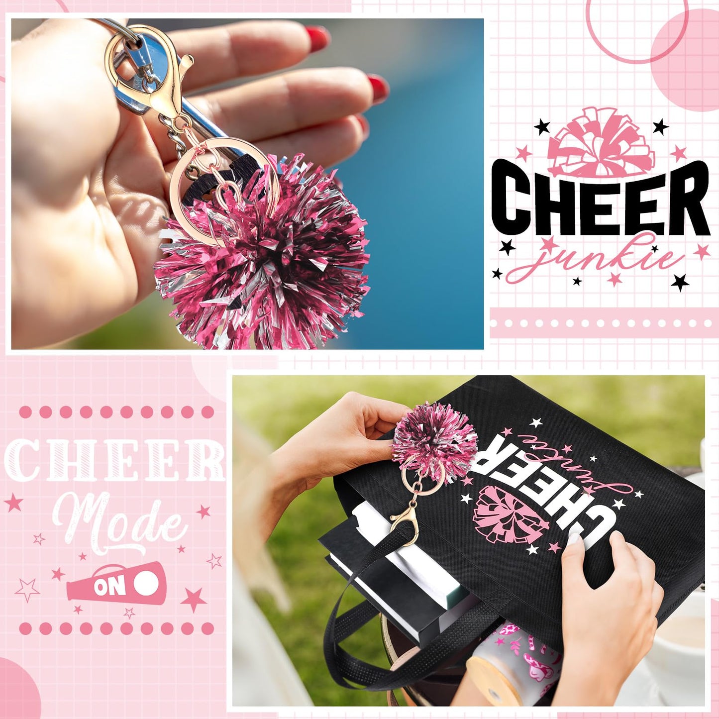 Landical 72 Pcs Pink Cheerleading Gifts 24 Cheer Bags Portable 24 Pom Pom Keychain 24 Cheerleading Bracelet Canvas Makeup Bag Bulk Cheer Gifts Female Teammates Toiletries Accessories