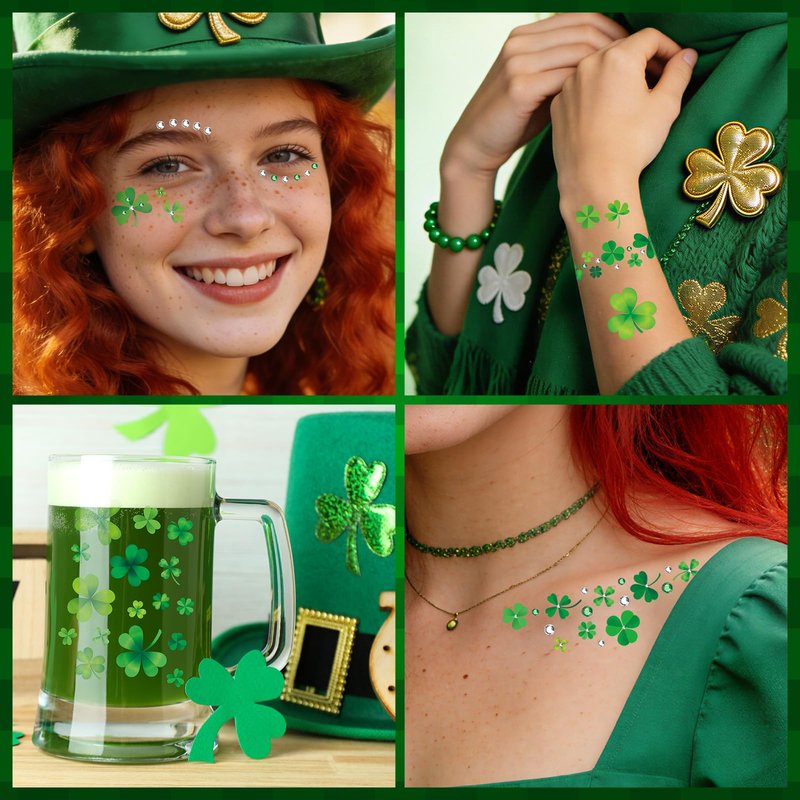 EMOME St Patrick Day Accessories, St Patrick's Day Shamrock Face Tattoo with Green White Face Gems, Saint Patrick's Day Makeup Art Decorations for Women, Girls