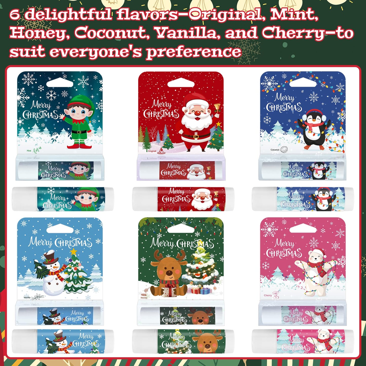 Kuabiz 24 Pcs Christmas Lip Balm Gifts Bulk Cute Stocking Goodie Bags Stuffers 6 Flavors Holiday Small Gifts Xmas Party Supplies Moisturizer Butter Care