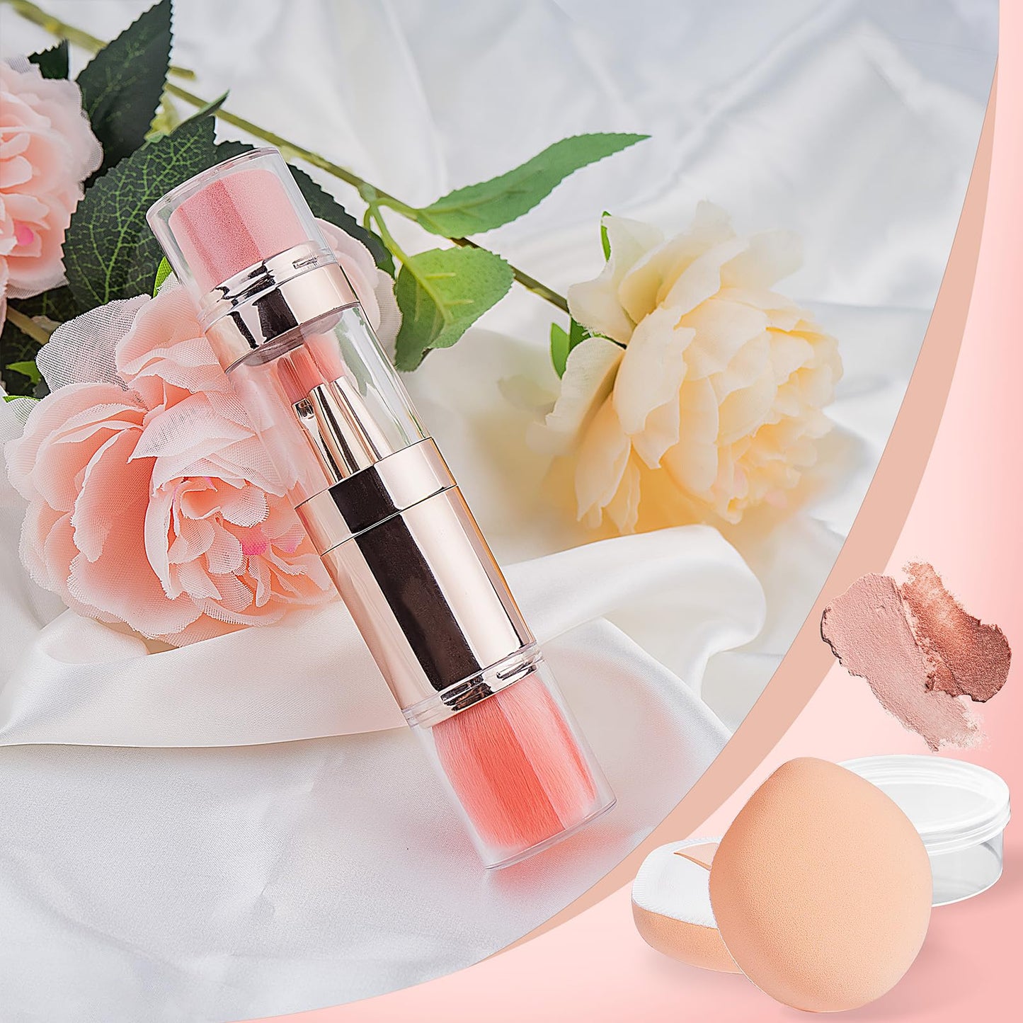 kullder Travel Makeup Brush 5 in 1 Makeup Brush set Blend Sponge Eyebrow Eyeshadow & Blush Brushes for Foundation Concealer Double Ended Makeup Brush with Powder Puff Ideal Womens Gifts