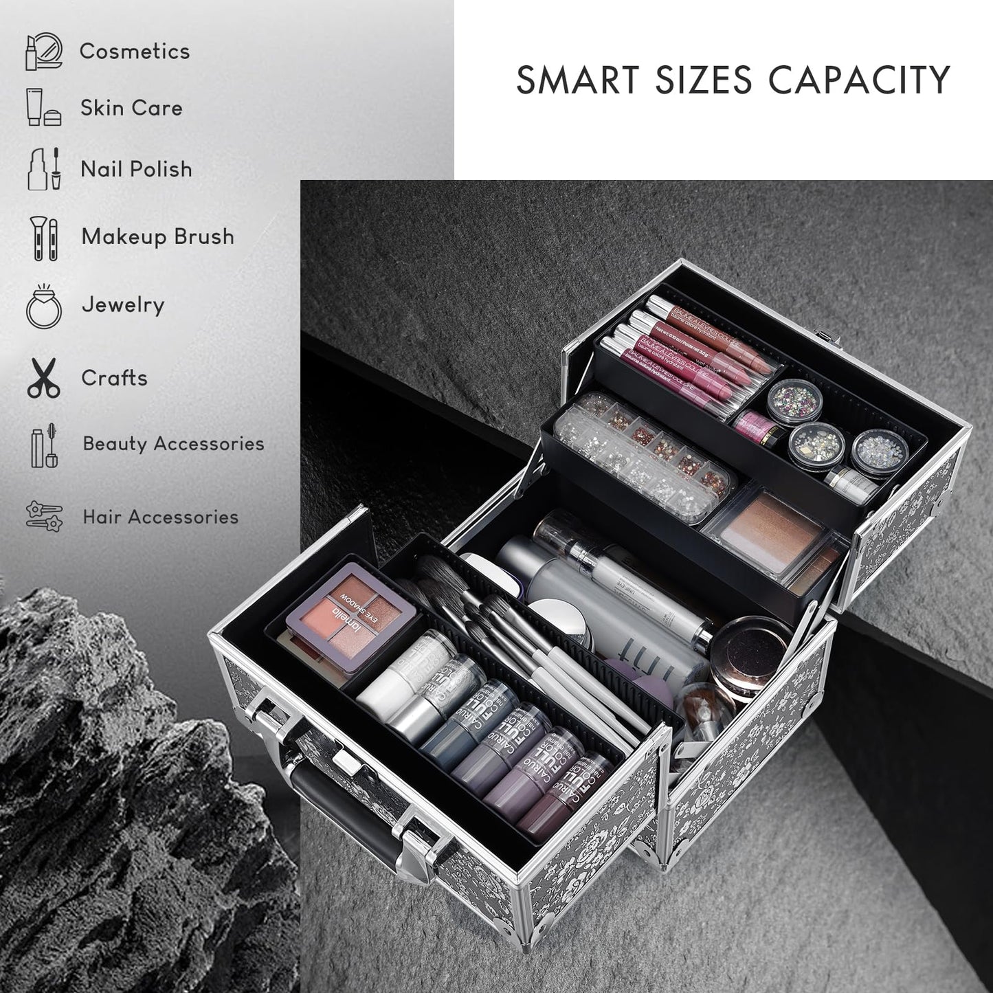 Frenessa Makeup Case Makeup Box Cosmetic Organizer Case Portable Make Up Travel Case Storage Box 4 Trays with Dividers Lockable Hard Train Case Nail Tech Supply Storag Silver Floral