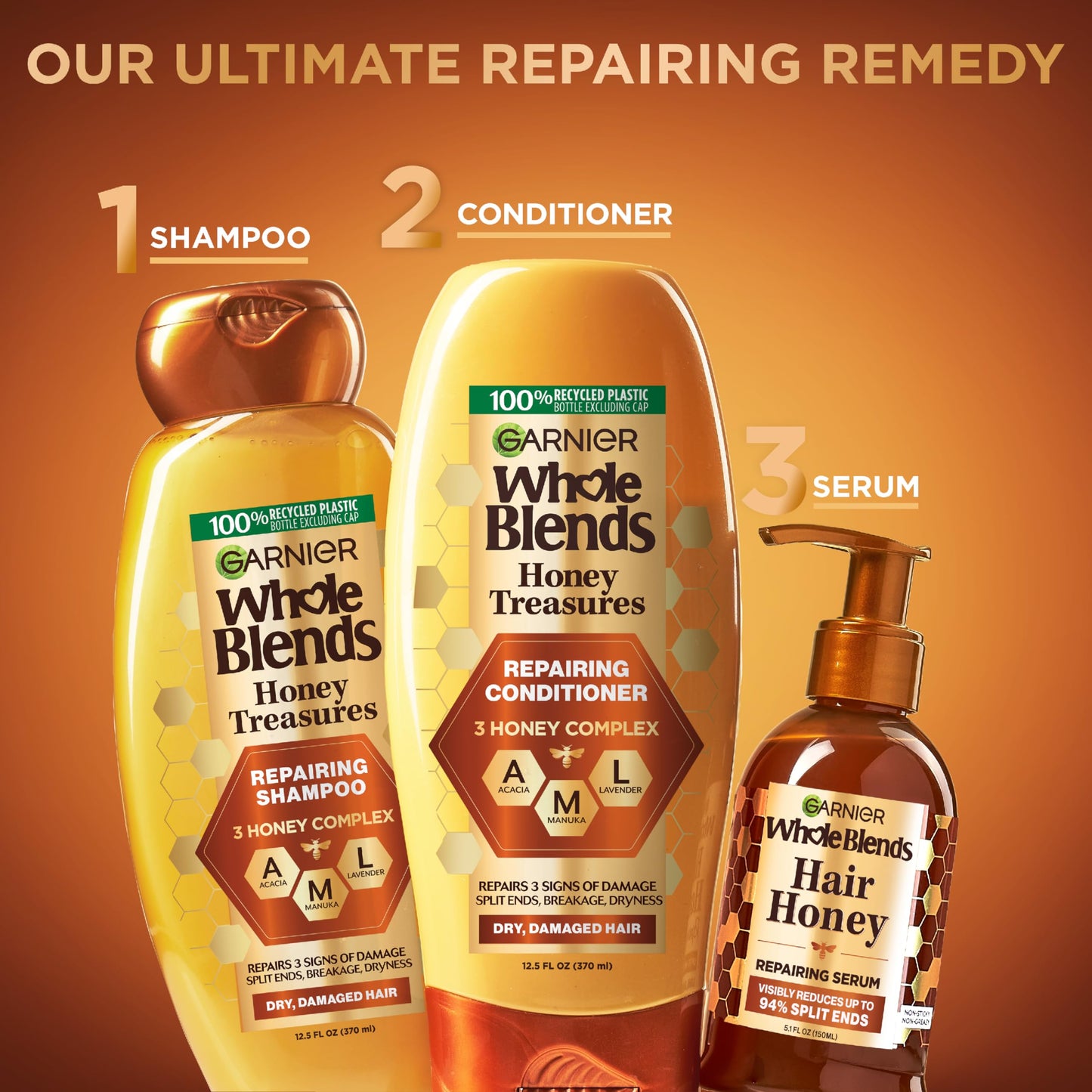 Garnier Whole Blends Honey Treasures Repairing Shampoo & Conditioner 22 Fl Oz each + Hair Serum (5.1 Fl Oz) for Dry, Damaged Hair (Bundle of 4 Items)