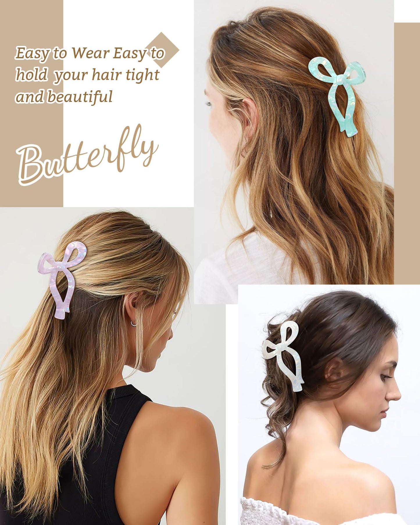 Mesovor Acrylic 4 Pack Elegant Bow Hair Claw Clips for Thin and Thick