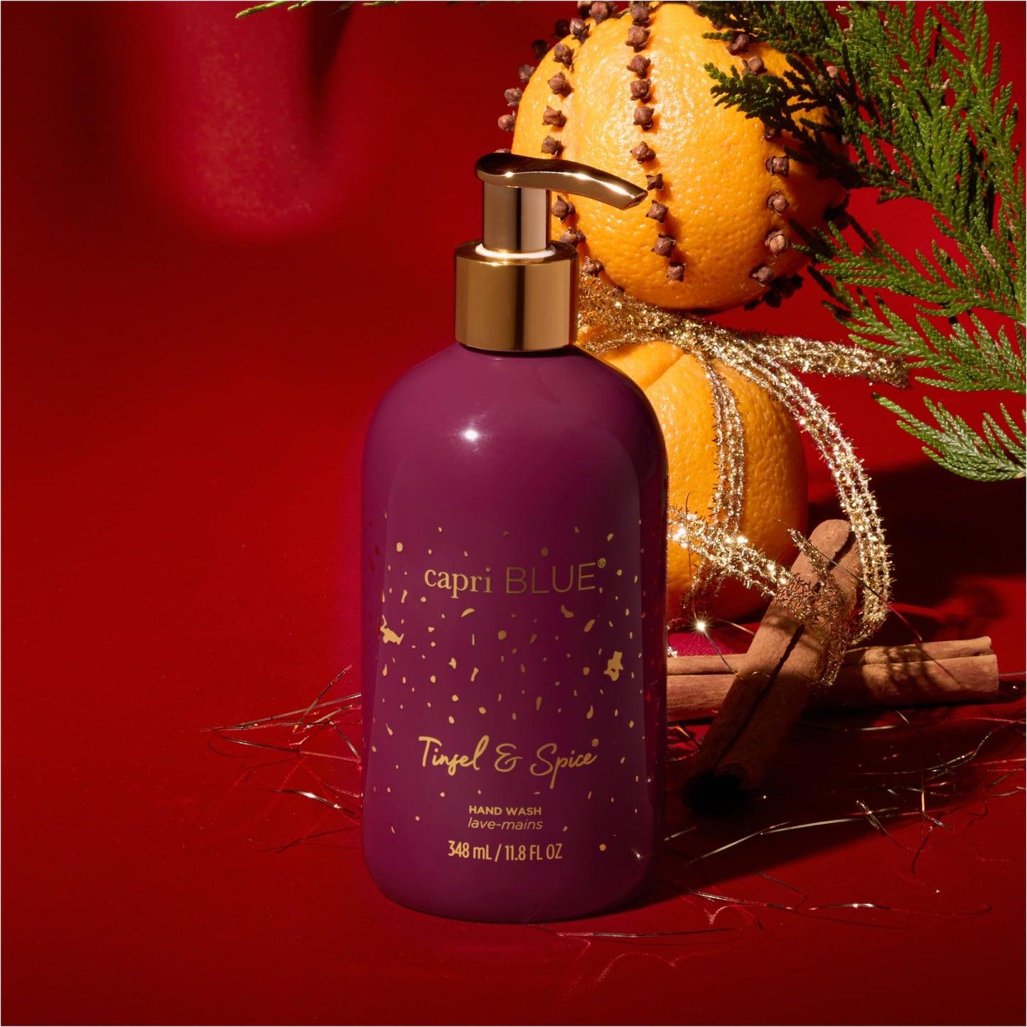 Capri Blue Large Moisturizing Hand Wash Soap - Liquid Hand Soap with Pump Bottle - Gentle & Hydrating Skin Care - Notes of Juniper Berry, Cinnamon, Clove & Orange Mandarin (Tinsel & Spice, 11.8 fl oz)