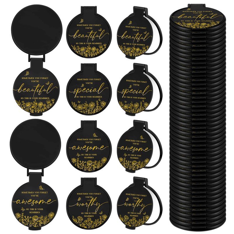 HSDSH 100 Pcs Inspirational Compact Mirror Bulk Small Pocket Mirror Purse Round Portable Folding Makeup Mirror Thanksgiving for Women Coworker Employee Teacher(Black)