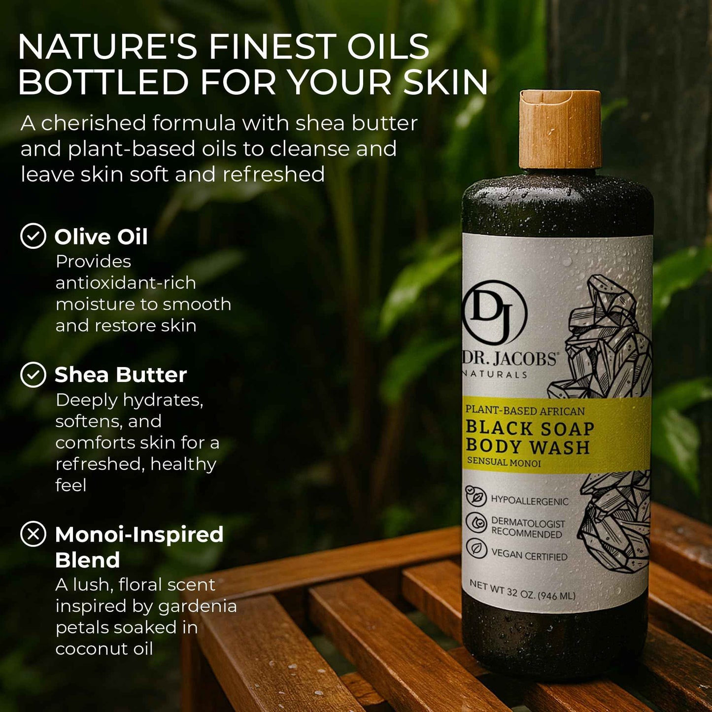 Dr Jacobs Naturals Authentic African Black Liquid Soap with Sensual Monoi Scent | All-In-One Face Wash, Sensitive Skin Body Wash, Shampoo, Shaving Soap | Moisturizing and Nourishing Formula | 16oz 2pk