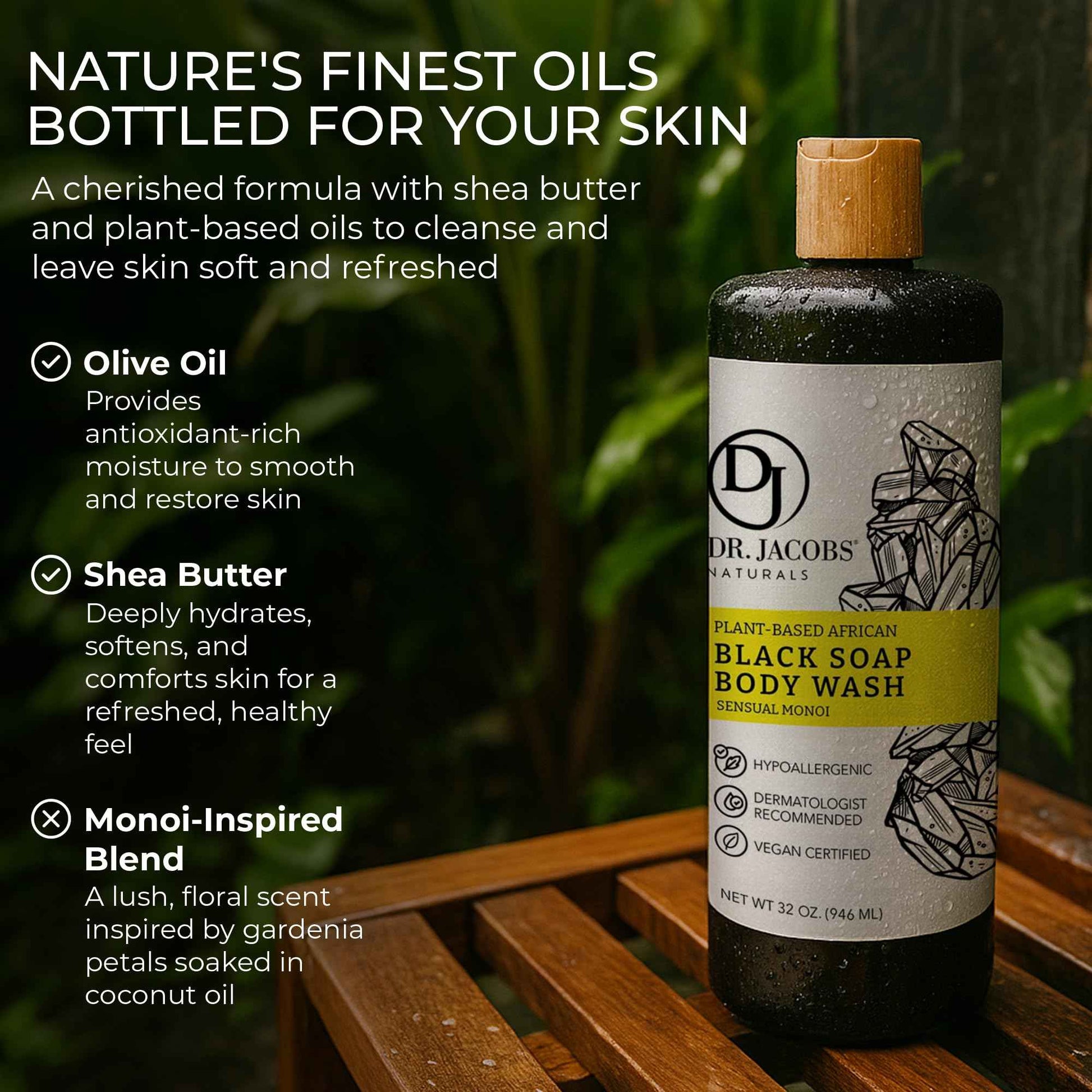Dr Jacobs Naturals Authentic African Black Liquid Soap with Sensual Monoi Scent | All-In-One Face Wash, Sensitive Skin Body Wash, Shampoo, Shaving Soap | Moisturizing and Nourishing Formula | 16oz 2pk