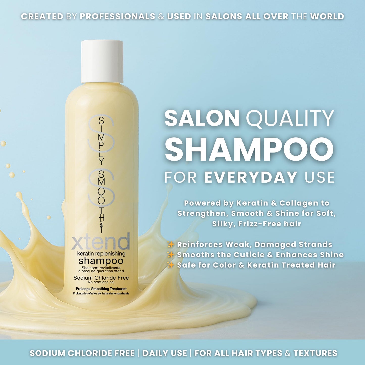 SIMPLY SMOOTH Xtend Keratin Replenishing Shampoo | Sulfate-Free Smoothing & Softening Cleanser | Restore & Strengthen Damaged Hair | Color Safe, pH Balanced, Salon Formula | 8.5 oz