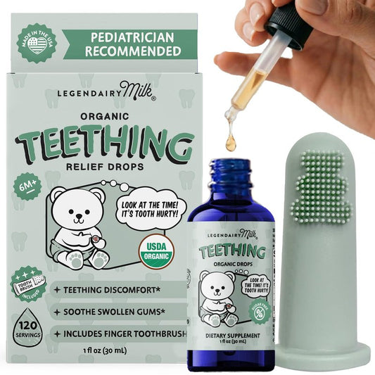 Legendairy Milk Organic Baby Teething Relief Drops with Silicone Toothbrush, Gum Relief for Babies & Toddlers 6 M+, Soothing Chamomile Clove Blend, Teething Gel Alternative, Sugar Free, 120 Servings